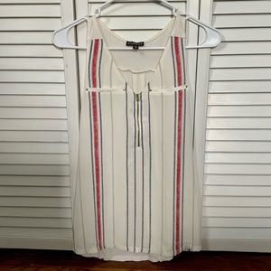 Express tank top blouse in cream with red and blue pinstripes and gold zipper